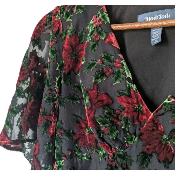 ModCloth Happy Holly Days Peplum Top Size XS Velvet Burnout Poinsettia Christmas - Picture 5 of 6